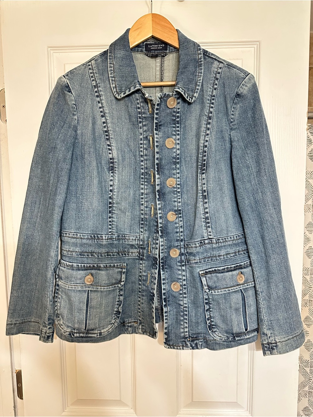 Lands' End Women’s Denim Utilitarian Chore Jacket 10 90s Office Canadian Tuxedo